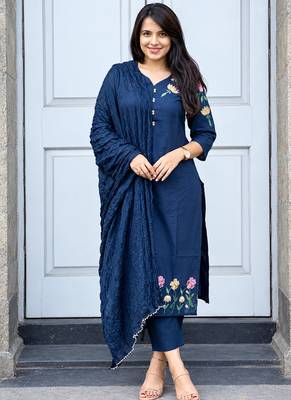  blue floral embroidered cotton straight suit set 1