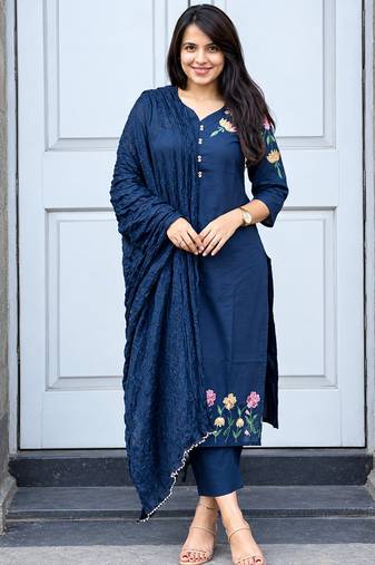  blue floral embroidered cotton straight suit set