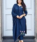  blue floral embroidered cotton straight suit set