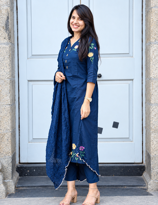  blue floral embroidered cotton straight suit set 4