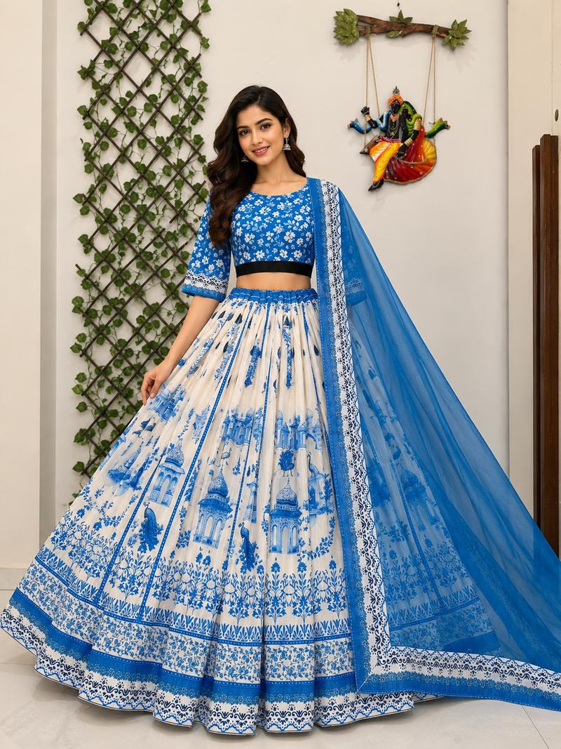 white Muslin cotton digital print lehenga with dupatta mirror work navratri special chaniya choli