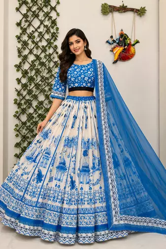 white Muslin cotton digital print lehenga with dupatta mirror work navratri special chaniya choli