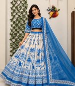 white Muslin cotton digital print lehenga with dupatta mirror work navratri special chaniya choli
