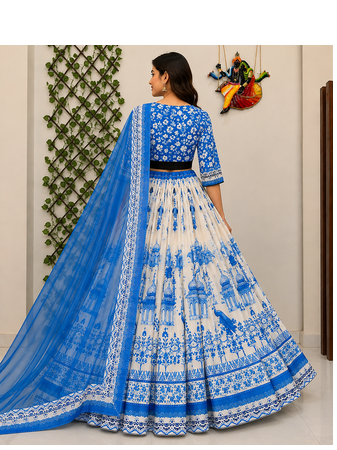 white Muslin cotton digital print lehenga with dupatta mirror work navratri special chaniya choli 2