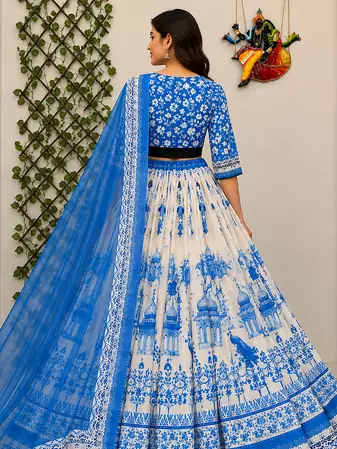 white Muslin cotton digital print lehenga with dupatta mirror work navratri special chaniya choli