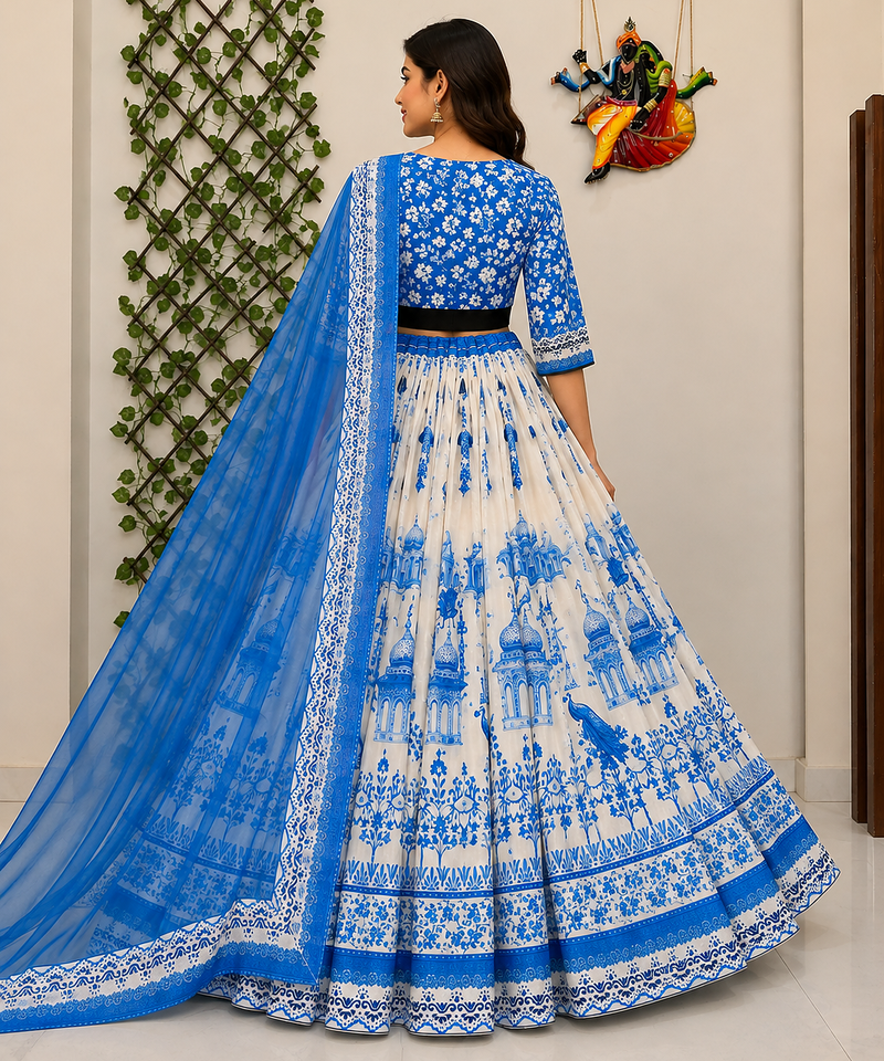 white Muslin cotton digital print lehenga with dupatta mirror work navratri special chaniya choli