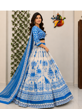 white Muslin cotton digital print lehenga with dupatta mirror work navratri special chaniya choli 3