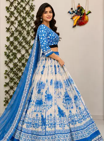 white Muslin cotton digital print lehenga with dupatta mirror work navratri special chaniya choli