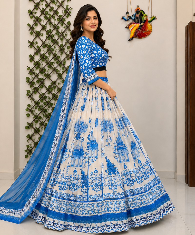 white Muslin cotton digital print lehenga with dupatta mirror work navratri special chaniya choli