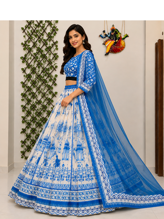 white Muslin cotton digital print lehenga with dupatta mirror work navratri special chaniya choli 4