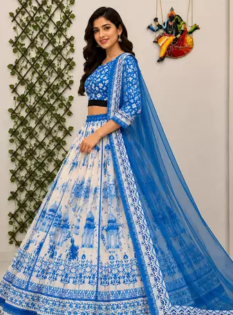 white Muslin cotton digital print lehenga with dupatta mirror work navratri special chaniya choli