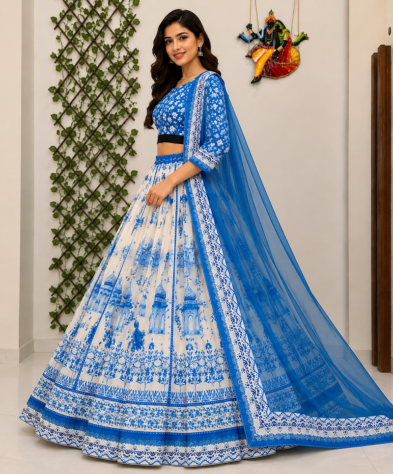 white Muslin cotton digital print lehenga with dupatta mirror work navratri special chaniya choli