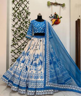 white Muslin cotton digital print lehenga with dupatta mirror work navratri special chaniya choli 5