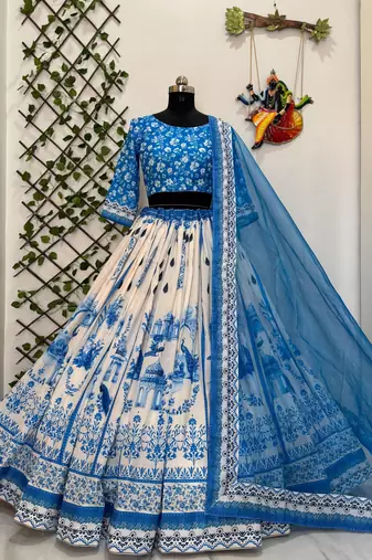 white Muslin cotton digital print lehenga with dupatta mirror work navratri special chaniya choli