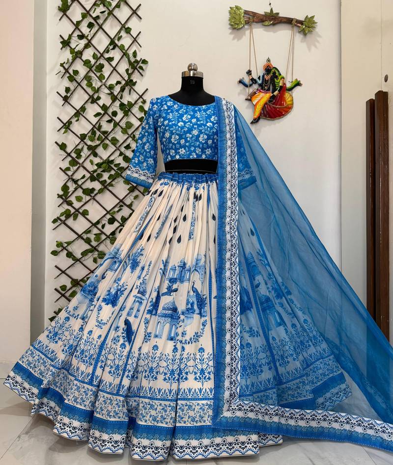 white Muslin cotton digital print lehenga with dupatta mirror work navratri special chaniya choli