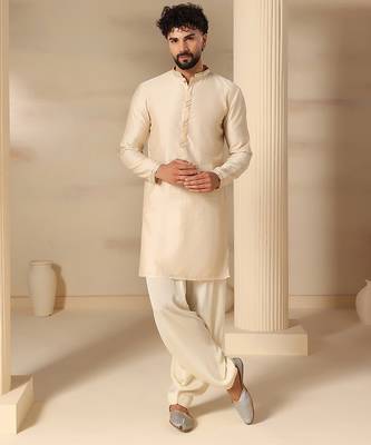 Gota embellished pure cotton silk mens off cream color kurta set 1