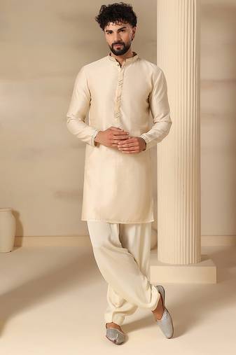 Gota embellished pure cotton silk mens off cream color kurta set