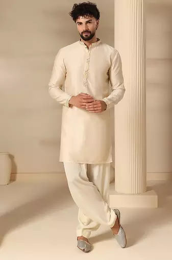 Gota embellished pure cotton silk mens off cream color kurta set
