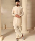 Gota embellished pure cotton silk mens off cream color kurta set