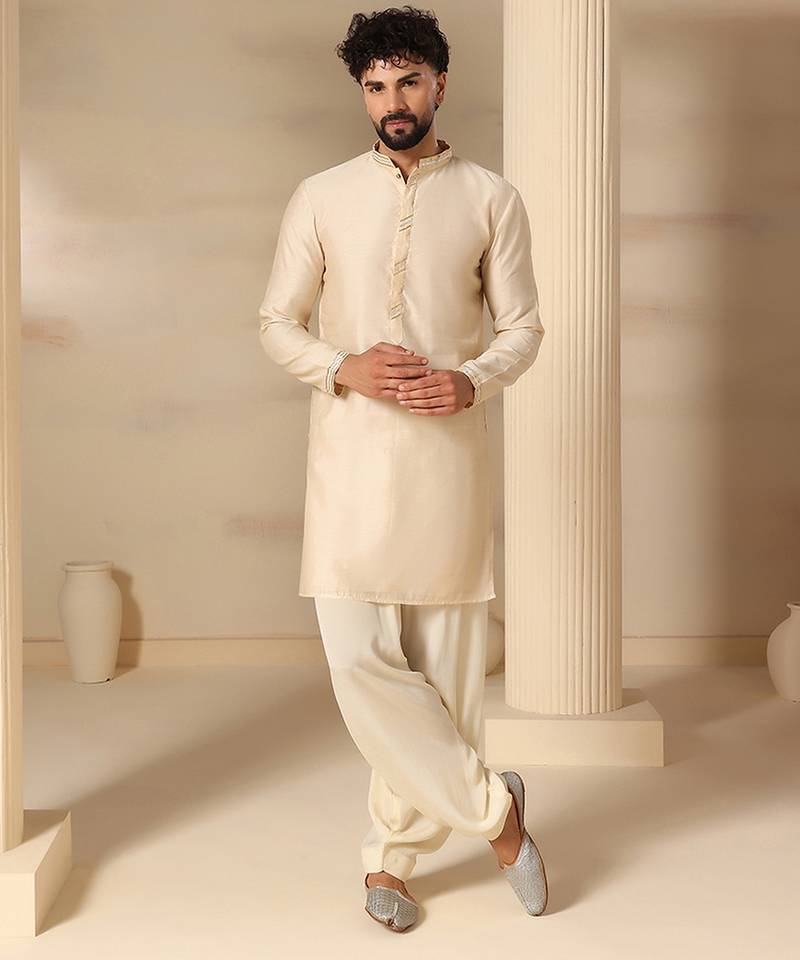 Gota embellished pure cotton silk mens off cream color kurta set
