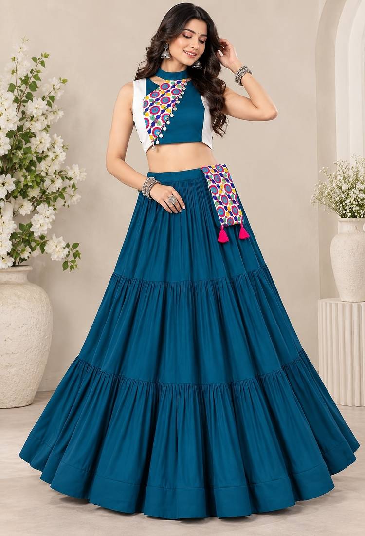 Teal Blue Color Navratri Chaniya Choli With Fancy Stitched Blouse