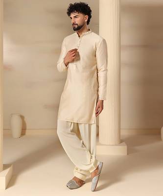 Gota embellished pure cotton silk mens off cream color kurta set 2