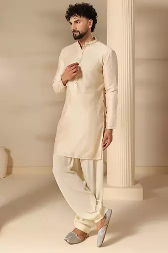 Gota embellished pure cotton silk mens off cream color kurta set