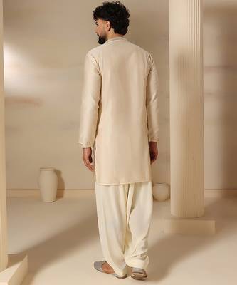 Gota embellished pure cotton silk mens off cream color kurta set 3