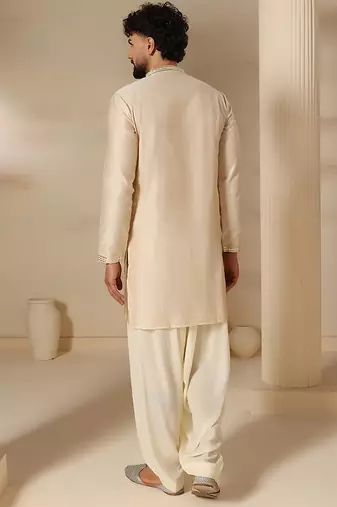 Gota embellished pure cotton silk mens off cream color kurta set