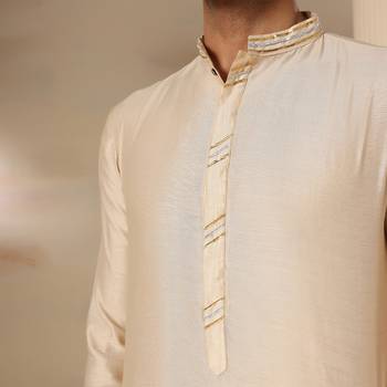 Gota embellished pure cotton silk mens off cream color kurta set 4