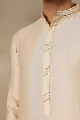 Gota embellished pure cotton silk mens off cream color kurta set