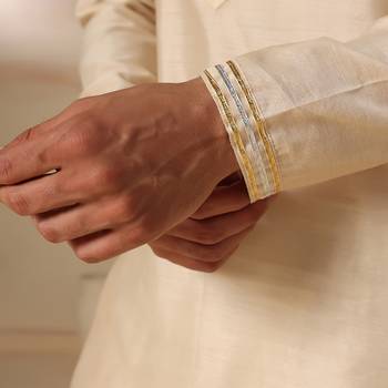 Gota embellished pure cotton silk mens off cream color kurta set 6