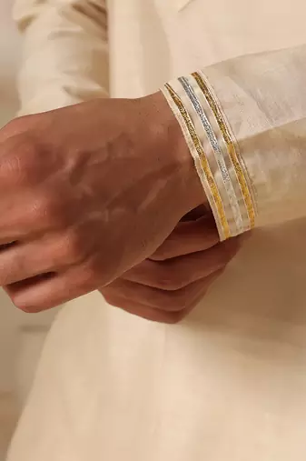 Gota embellished pure cotton silk mens off cream color kurta set