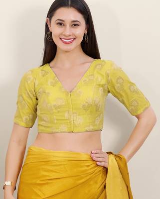 Women's brocade padded front open elbow sleeves saree blouse 1