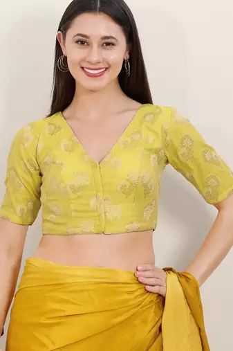 Women's brocade padded front open elbow sleeves saree blouse