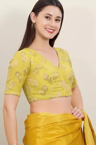 Women's brocade padded front open elbow sleeves saree blouse