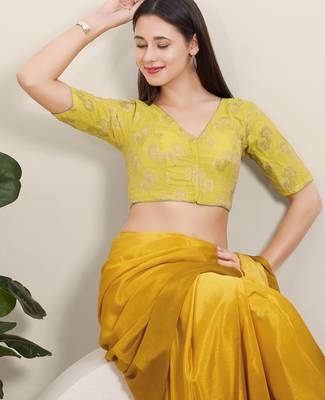 Women's brocade padded front open elbow sleeves saree blouse 4