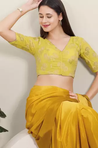 Women's brocade padded front open elbow sleeves saree blouse
