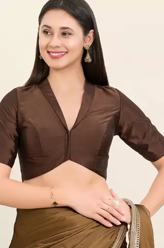 Women's tafeta silk padded front open elbow sleeves saree blouse