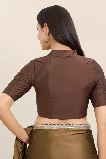 Women's tafeta silk padded front open elbow sleeves saree blouse