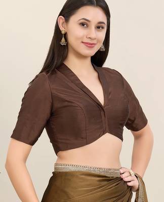 Women's tafeta silk padded front open elbow sleeves saree blouse 3