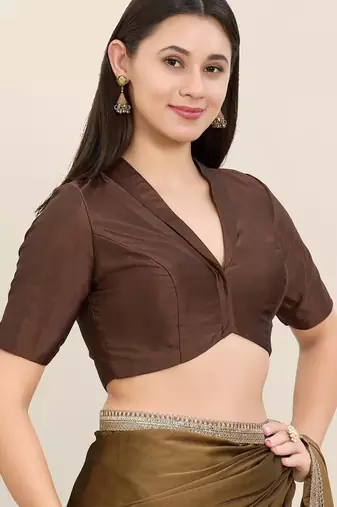 Women's tafeta silk padded front open elbow sleeves saree blouse