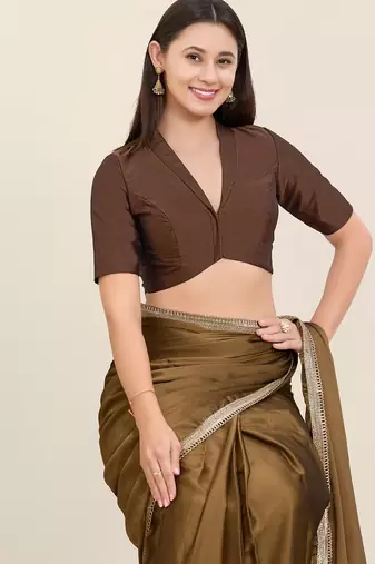 Women's tafeta silk padded front open elbow sleeves saree blouse