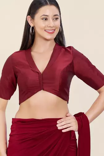 Women's tafeta silk padded front open elbow sleeves saree blouse