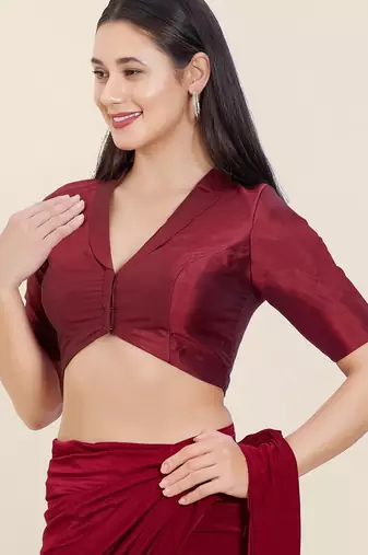 Women's tafeta silk padded front open elbow sleeves saree blouse