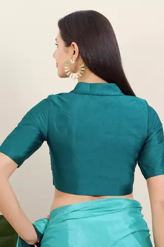 Women's tafeta silk padded front open elbow sleeves saree blouse