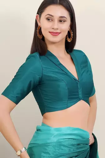 Women's tafeta silk padded front open elbow sleeves saree blouse