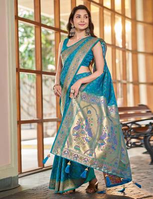 teal blue patola silk blend saree for women with zari border & blouse 1