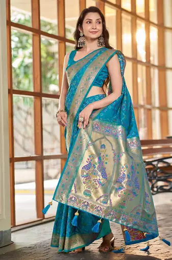teal blue patola silk blend saree for women with zari border & blouse