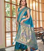 teal blue patola silk blend saree for women with zari border & blouse
